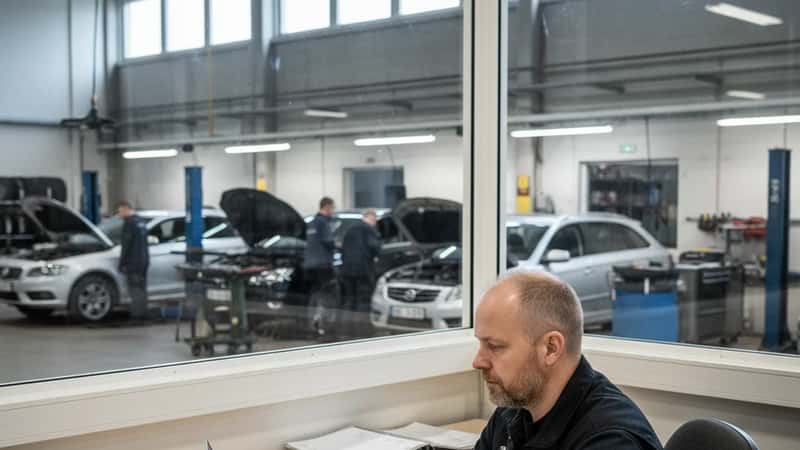 Autokorjaamon työnjohtaja tarkastelee viikkoylityöyhteenvetoa kannettavalta tietokoneelta Jyväskylässä