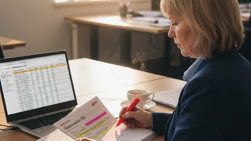 HR-johtaja tarkastelee Rakennusalan TES 2025–2028 -dokumenttia rakennusyrityksen toimistossa Oulussa — palkkataulukot auki kannettavalla tietokoneella