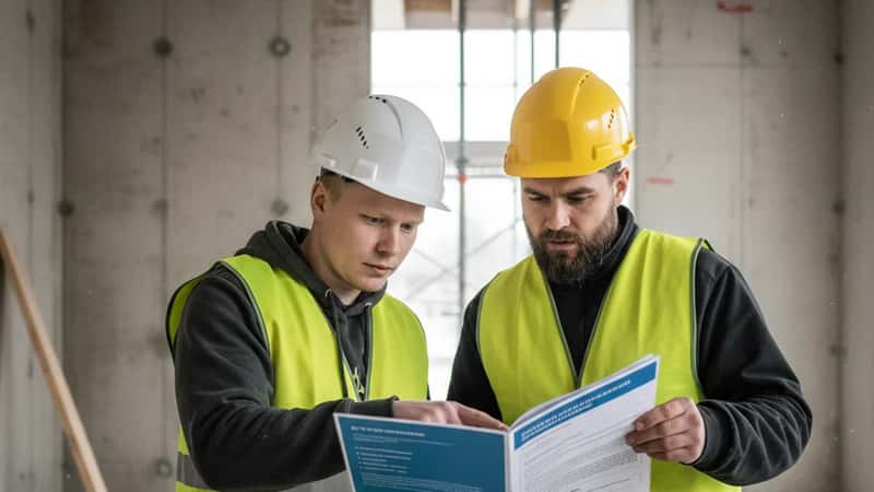 Kaksi suomalaista rakennustyöntekijää keltaisissa turvahaaleissa keskustelevat työehtosopimuksen kohdasta työmaan lattialla Oulussa — rakennustelineet ja betoniseinät taustalla