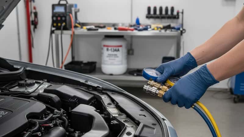 Technician's gloved hands connecting refrigerant recovery machine to car AC service ports in an Australian workshop