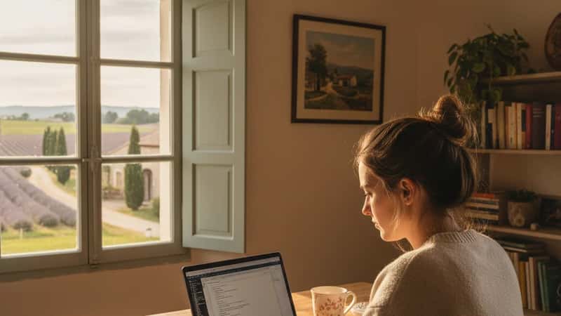 Woman self-teaching web development on a laptop with code editor open and handwritten wireframe notes