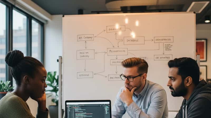 Diverse team of web developers doing a code review around a laptop in a New York startup office with architecture diagram on whiteboard