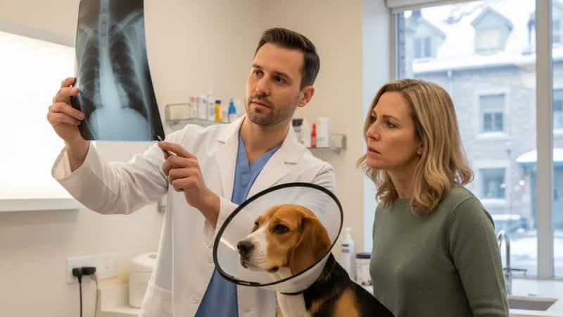 Vétérinaire québécois expliquant une radiographie à une propriétaire inquiète, avec son beagle en collerette sur la table d'examen