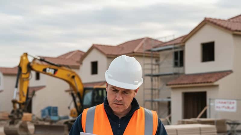 Tempe, Arizona construction foreman reviewing wage schedule on active job site
