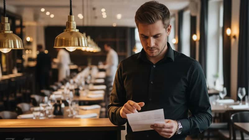 Servitør i Tromsø studerer lønnsslippen ved serveringsstasjon i en restaurant