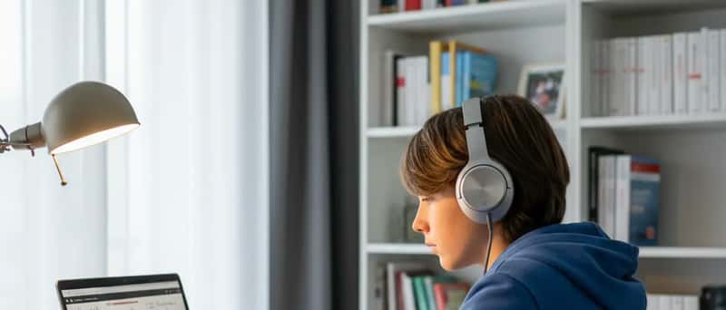 Schüler bei einer Online-Mathe-Nachhilfestunde am Laptop in seinem Zimmer in Linz