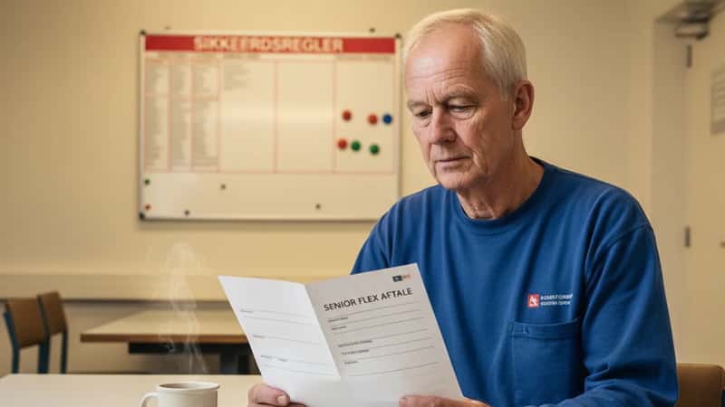 Ældre dansk industriarbejder i Herning gennemgår seniorflexaftale med reducerede arbejdstimer i et fabriksopholdsrum