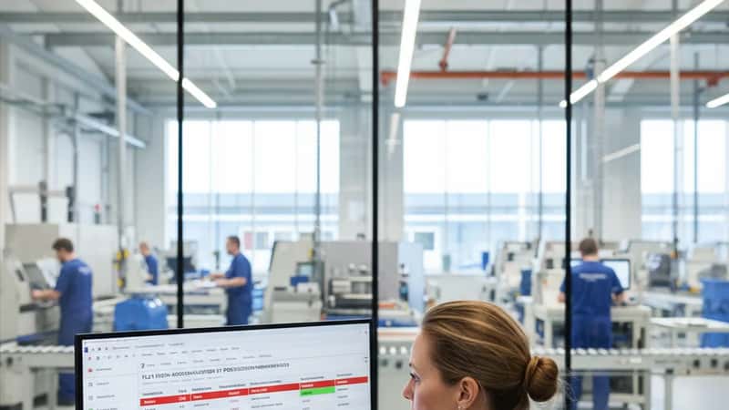 Dansk HR-chef i Herning gennemgår digitalt tidsregistreringsdashboard for industrimedarbejdernes flexsaldo med fabriksgulv synligt bag glaspartition