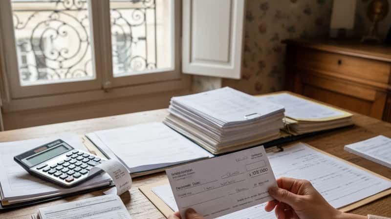 Hands reviewing a final paycheck over employment records in a San Antonio small business office with calculator and pay stubs