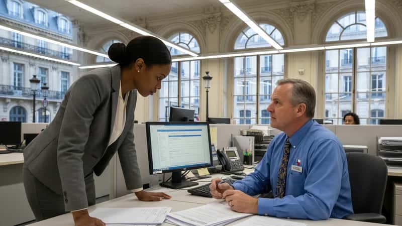 Texas Workforce Commission intake officer at a government office desk meeting with an employee filing a wage claim in Dallas