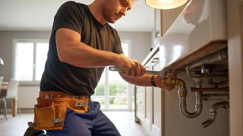 Plombier réparant une valve sous un évier dans une cuisine québécoise