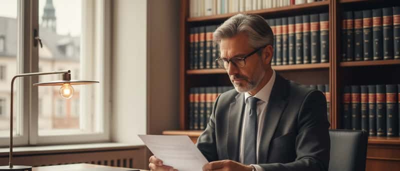 Fachanwalt für Arbeitsrecht prüft ein Kündigungsschreiben an seinem Schreibtisch mit Gesetzestexten im Hintergrund