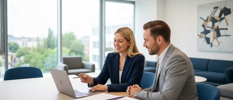 Mandantengespräch in einer deutschen Anwaltskanzlei mit Arbeitsvertrag und Laptop auf dem Tisch