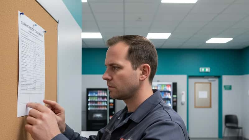 Manufacturing worker in Delaware factory reading Healthy Workplaces Act sick leave notice posted on break room bulletin board