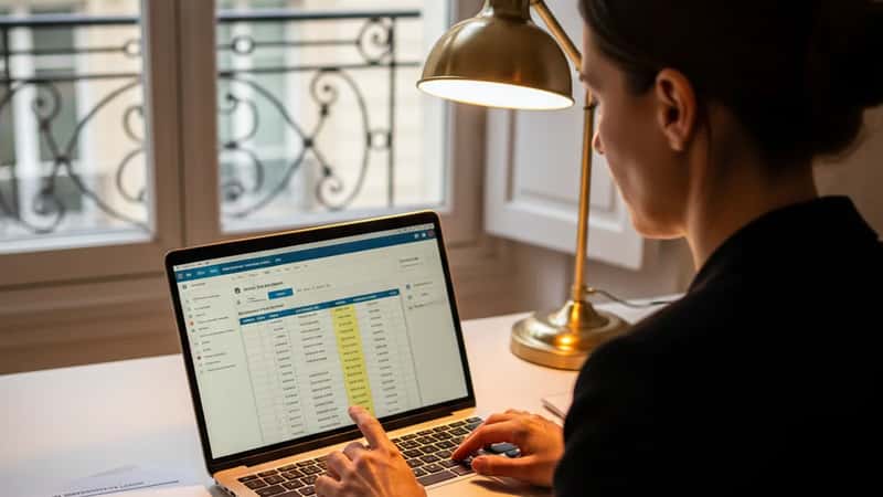 HR compliance specialist entering sick leave accrual data into payroll software with DDOL compliance documents on desk