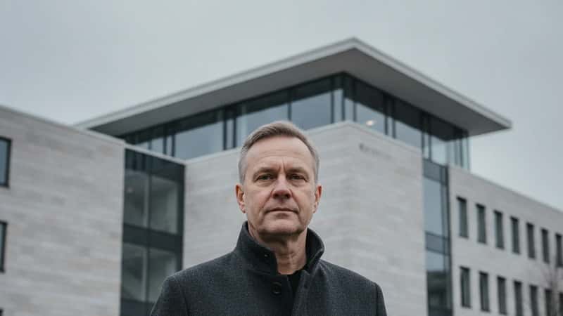 Helsinkiläinen 50-vuotias suomalainen mies talvitakissa seisoo modernin tuomioistuinrakennuksen edessä määrätietoinen ilme kasvoillaan, harmaa taivas taustalla, oikeudellisen päätöksen jälkeinen rauhallinen päättäväisyys