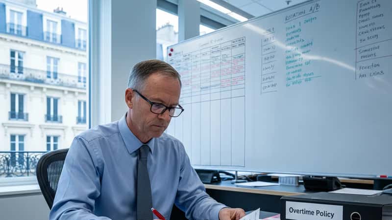 HR manager in a Wyoming oil company office in Casper reviewing overtime policy documents and printed timesheets under fluorescent office lighting