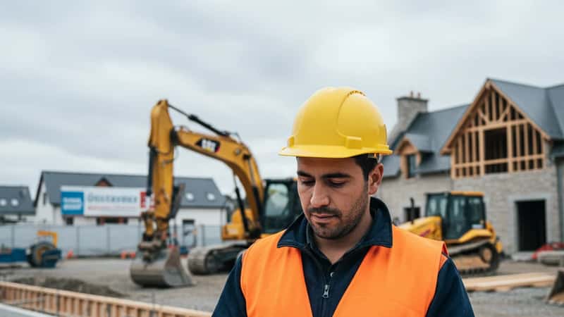 Wyoming construction worker in Laramie reviewing a pay stub on a clipboard near heavy equipment at late afternoon, wearing hard hat and high-vis vest