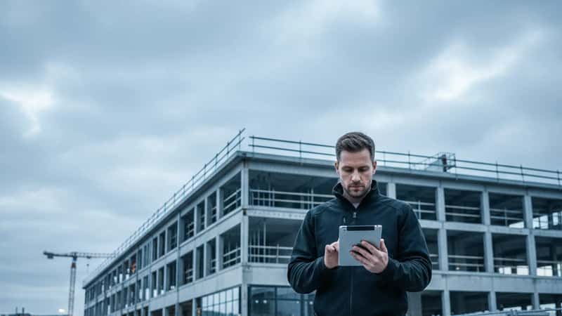Norsk elektriker i Stavanger sjekker digital tidsliste på nettbrett utenfor en kommersiell bygning under oppføring