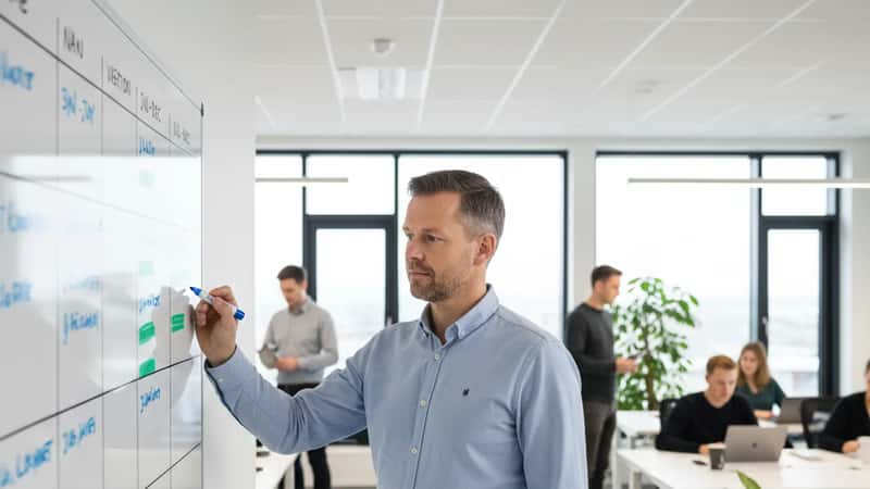 HR-leder skriver ferieplan på tavle i Bergen kontor