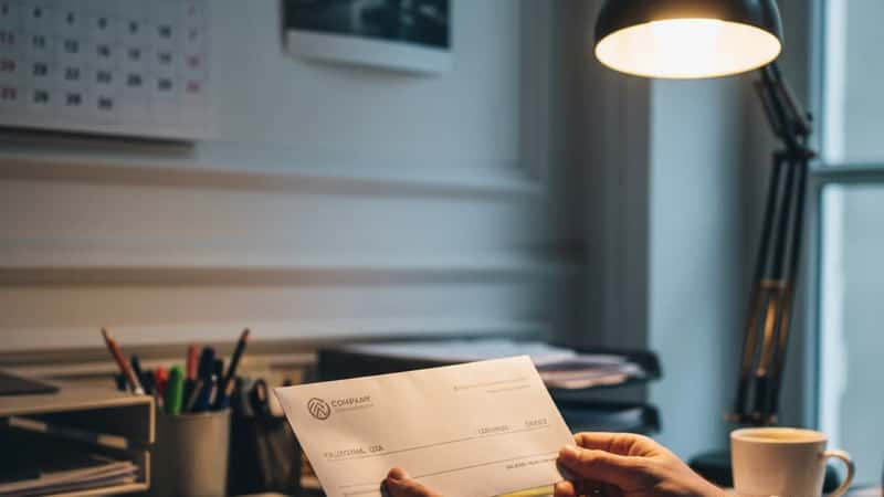 An American employee holds a paycheck envelope at her desk in a California office, soft lighting, attentive demeanor