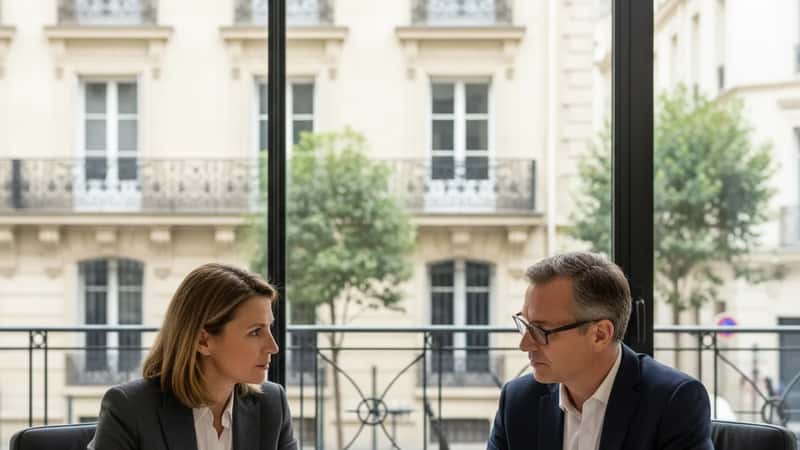 An American woman and an HR manager discuss documents in a glass-walled meeting room in a California office, natural light, formal professional ambiance