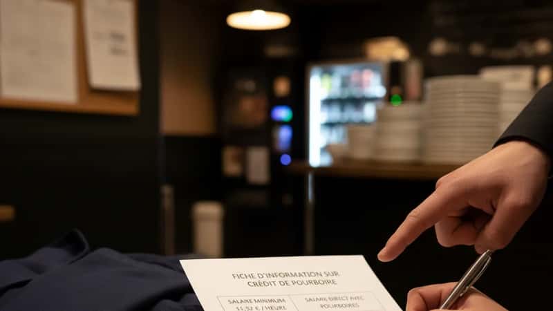 A tip credit disclosure form being signed in a restaurant break room, with a manager's hand pointing to the signature line and wage figures visible on the form