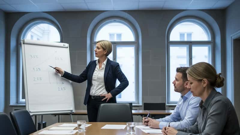 Facklig representant i Uppsala presenterar löneprogressionsdiagram vid whiteboard för kollegor i ett statligt konferensrum