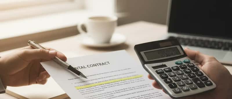 Nærbilde av hender som holder en norsk leiekontrakt på et trebord med kalkulator og penn