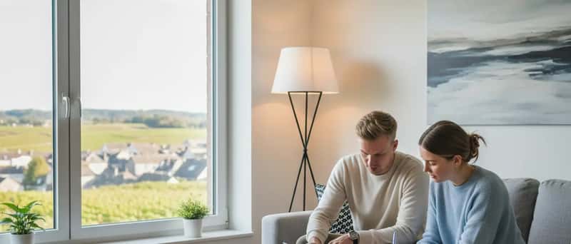 Norsk par gjennomgår økonomiske dokumenter i stuen i sin leide leilighet