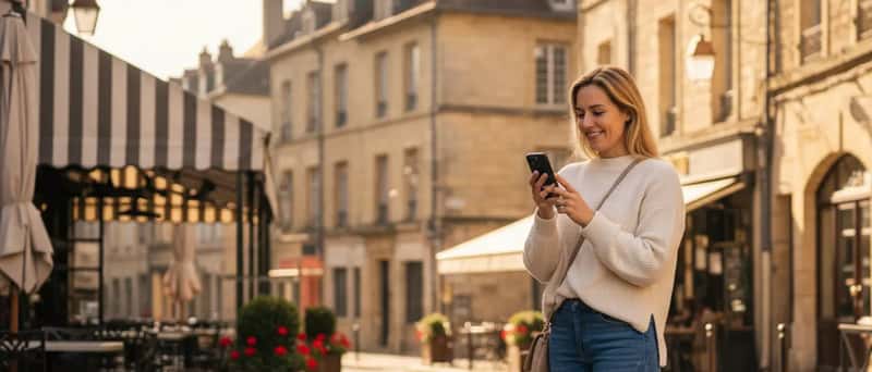 Jeune femme vérifiant son téléphone réparé dans une rue de Lausanne au soleil du matin