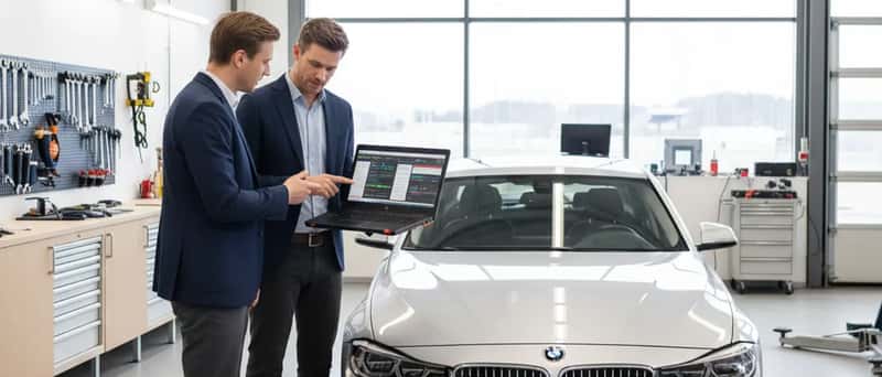 Mekaniker forklarer BMW-diagnostikk til bileier i et moderne norsk verksted