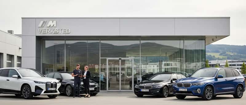 Profesjonelt BMW-verksted i Norge med mekaniker som arbeider på en BMW 3-serie på hydraulisk løfter