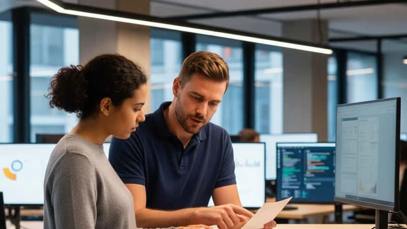 Employé du secteur numérique expliquant un bulletin de salaire à un collègue dans un open-space moderne à Lyon