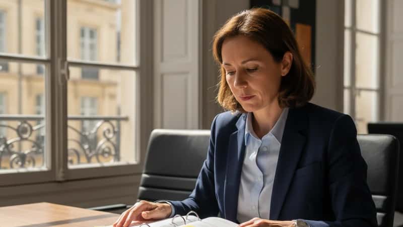 DRH française en cinquantaine consultant une convention collective dans une salle de réunion à Bordeaux