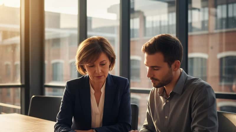 DRH et salarié pharmaceutique examinant un contrat de travail dans un bureau d'entreprise près de Paris