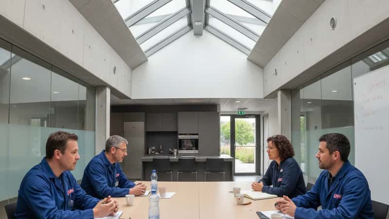 Réunion syndicale dans la salle de pause d'une usine pharmaceutique française avec des délégués du personnel