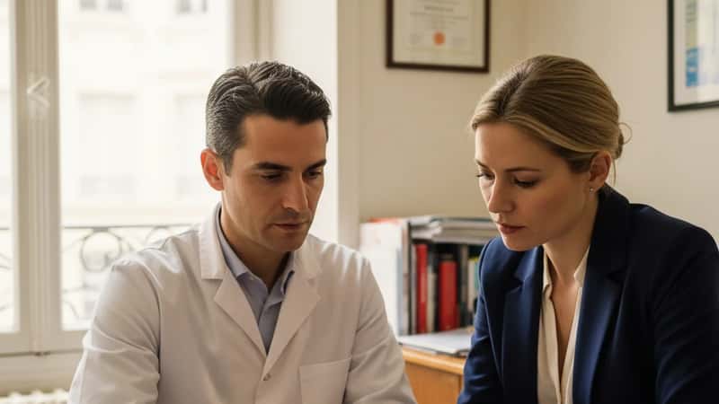 Médecin et secrétaire médicale discutant d'un contrat de travail dans un cabinet à Lyon