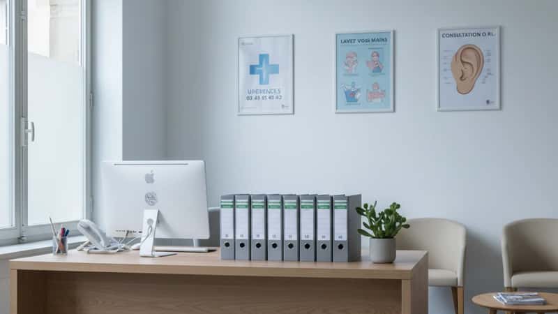 Réception d'un cabinet médical français bien organisée à Bordeaux, bureau vide avec dossiers et ordinateur