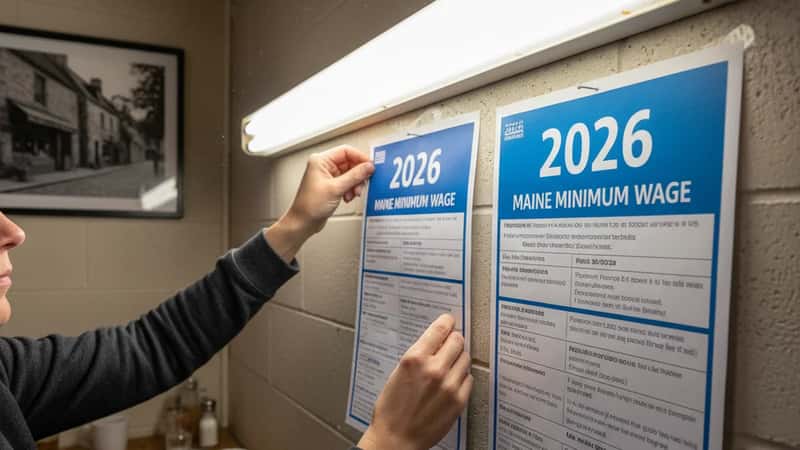 Maine DOL minimum wage notice being replaced on a break room wall in a small Maine restaurant — annual compliance update