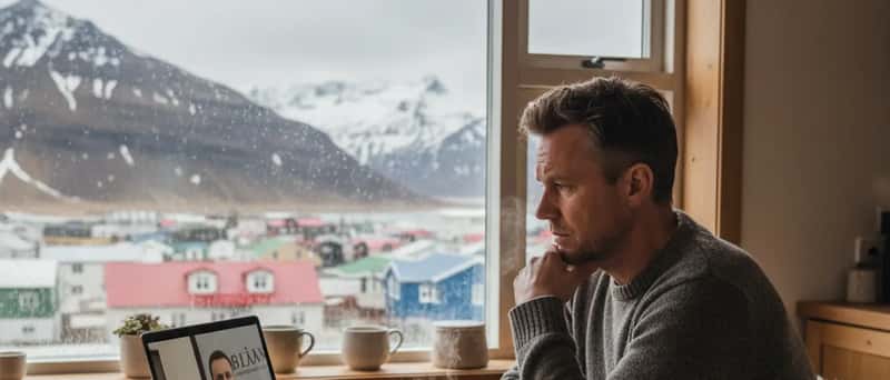 Íslenskur karlmaður í myndsímtali við lögfræðing á fartölvu við eldhúsborð með kaffibolla