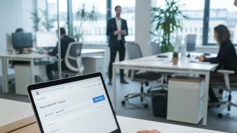 Deux professionnelles françaises consultant un écran d'ordinateur affichant des données de rémunération dans un bureau moderne à Lyon