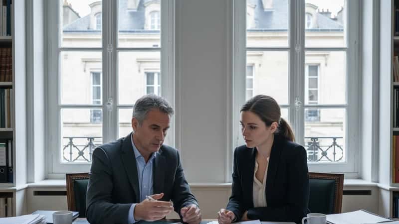 Avocat en droit social en consultation avec une cliente dans un bureau bordelais, documents salariaux étalés sur la table