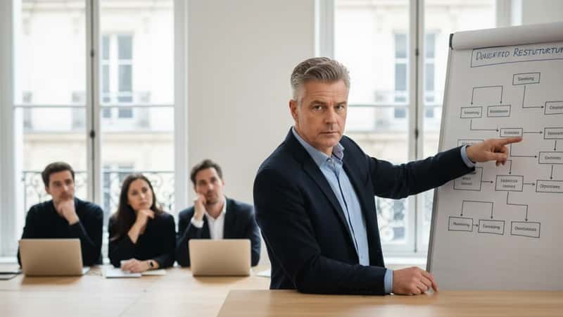 HR-direktör pekar på omorganisationsplan på whiteboard i ett Stockholmskontor