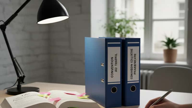 LAS-bok bredvid kollektivavtal på HR-skrivbord med klisterlappmarkeringar och dramatisk sidoljus