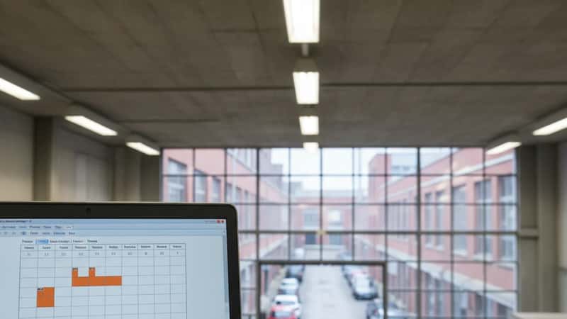 Tidrapporteringsprogram på laptop i ett svenskt industrikontor, utskrivna övertidsloggar bredvid, fluorescerande lampor, penna och miniräknare synliga