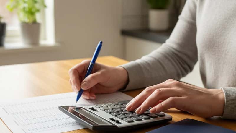 SOSU-medarbejder kontrollerer overenskomstberegninger med lommeregner og overenskomstpjece ved bøgebord i Aarhus