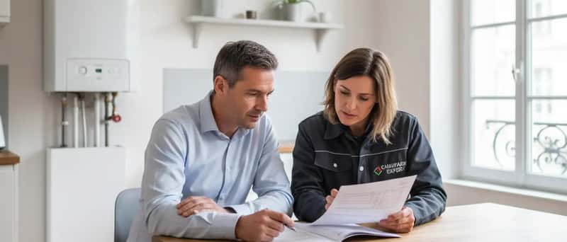 Propriétaire et chauffagiste certifié examinant un devis détaillé dans une cuisine française