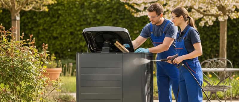Unité extérieure de pompe à chaleur entretenue dans un jardin de maison française au printemps