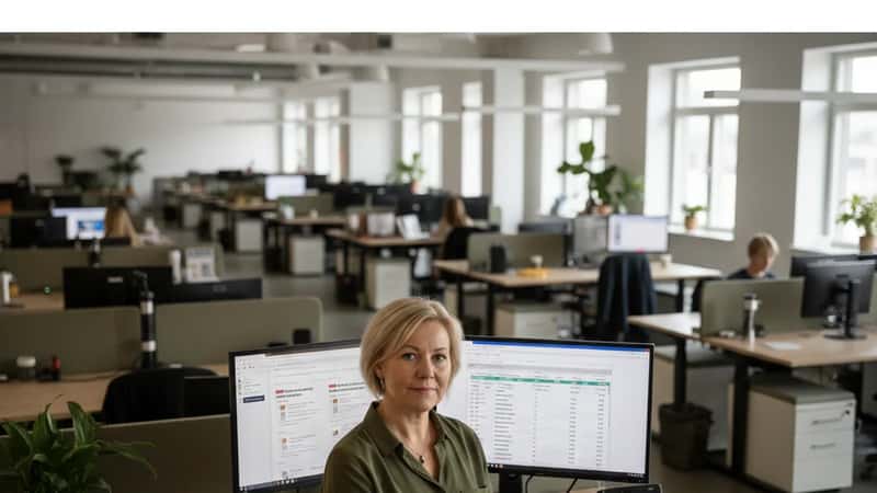 Toimittaja ja vanhempi kollega tarkastelevat palkkatasovertailua Tampereen mediayhtiön avotoimistossa